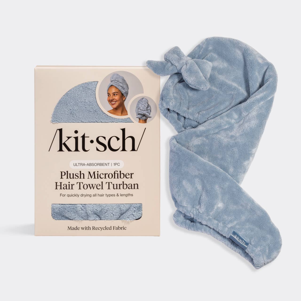 KITSCH - Plush Microfiber Hair Towel Turban with Bow - Coastal Blue