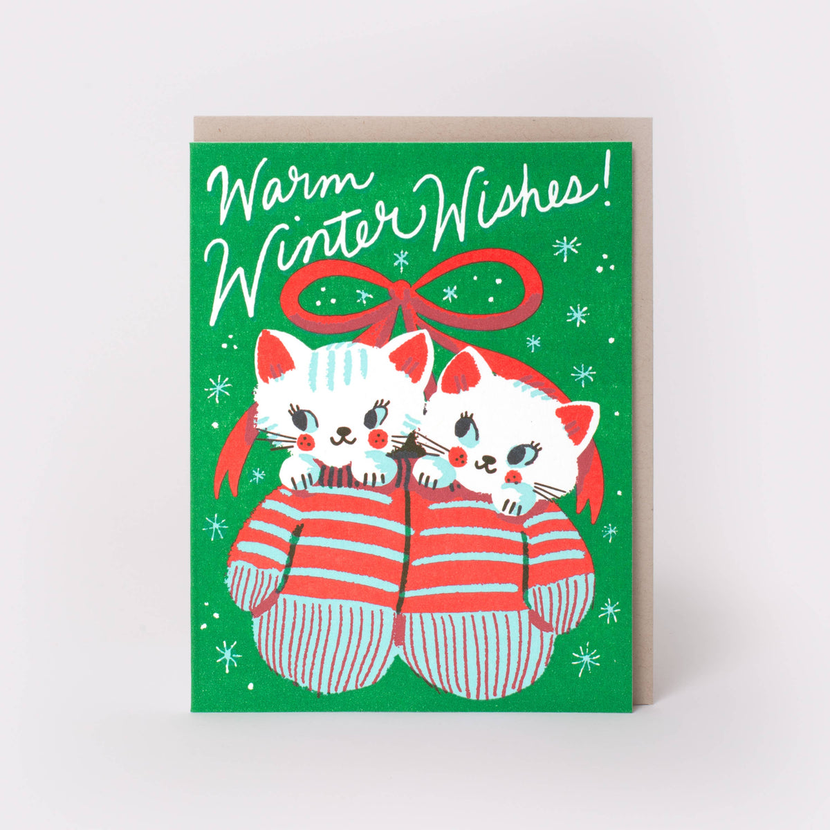 Egg Press Manufacturing - Warm Winter Wishes Kitten Mittens Letterpress Greeting Card