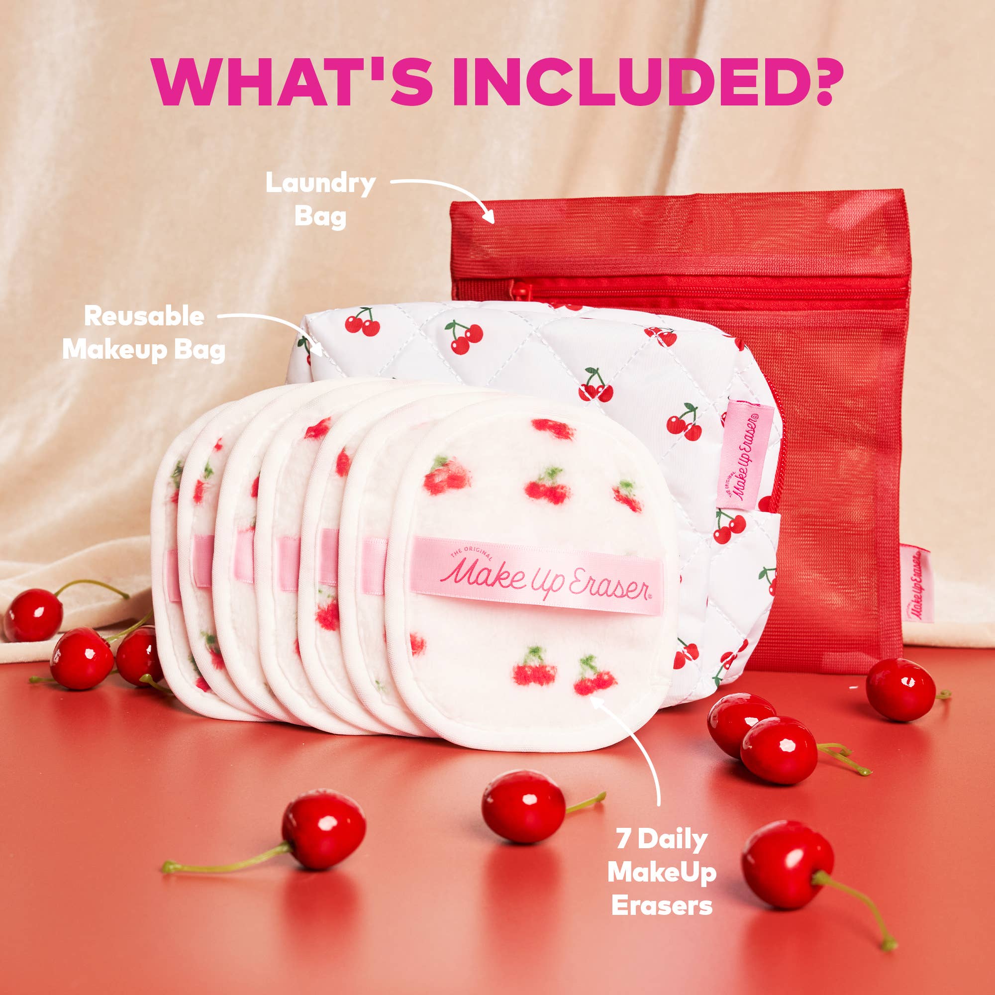 The Original MakeUp Eraser - 7-Day Set & Makeup Bag Gift Set - Cherry Crush