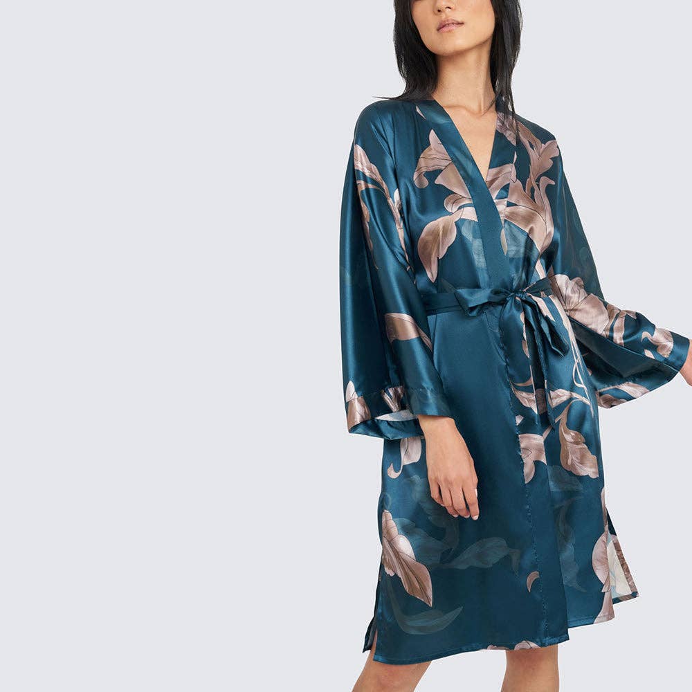 KIM+ONO - Ayame Short Kimono Robe: Peacock / One size