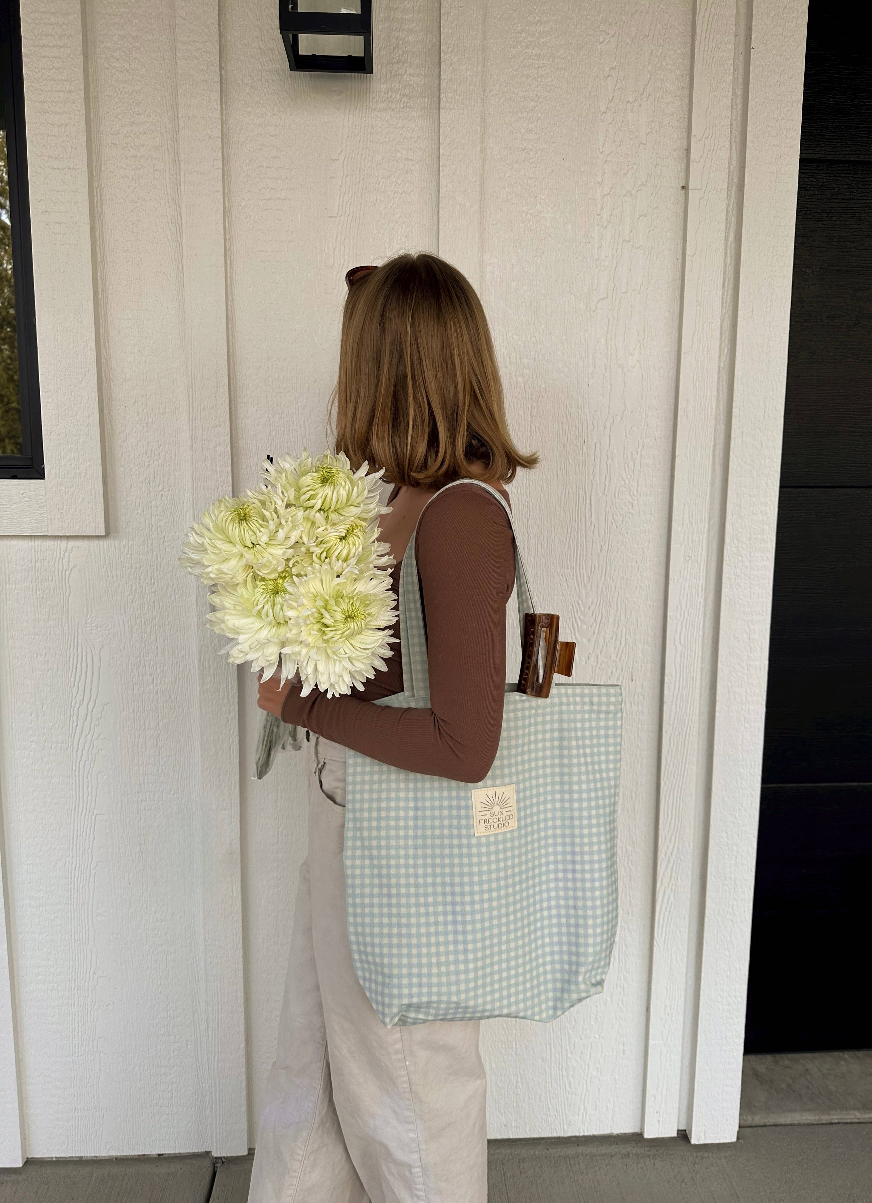 Sun Freckled Studio - Blue Gingham Tote Bag: Wide