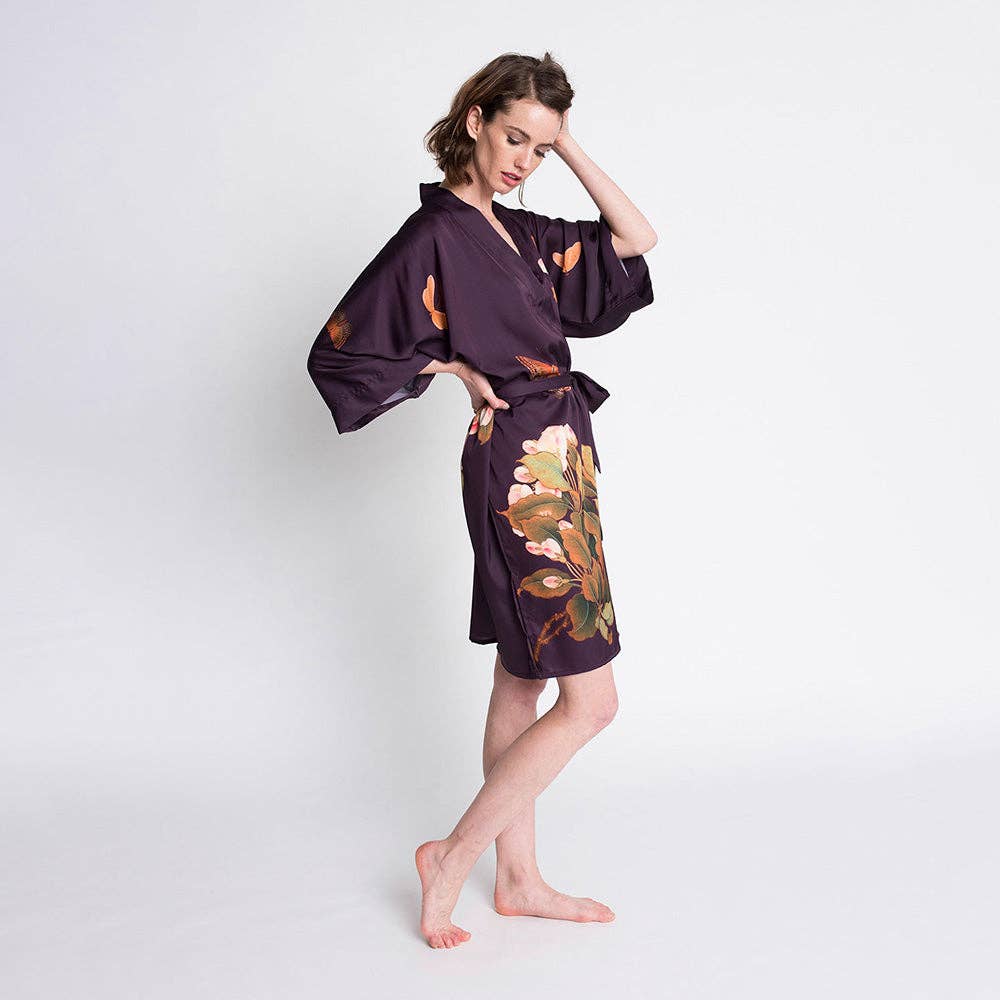 KIM+ONO - Peony & Butterfly Short Kimono Robe: Plum / One size