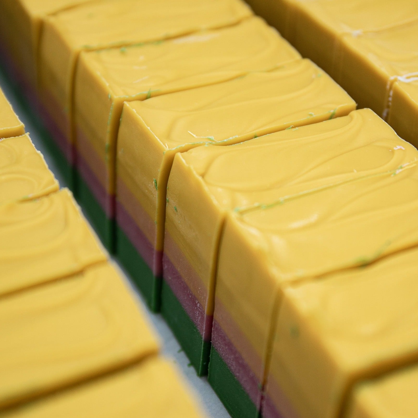 Rows of Cactus Flower soap bars.