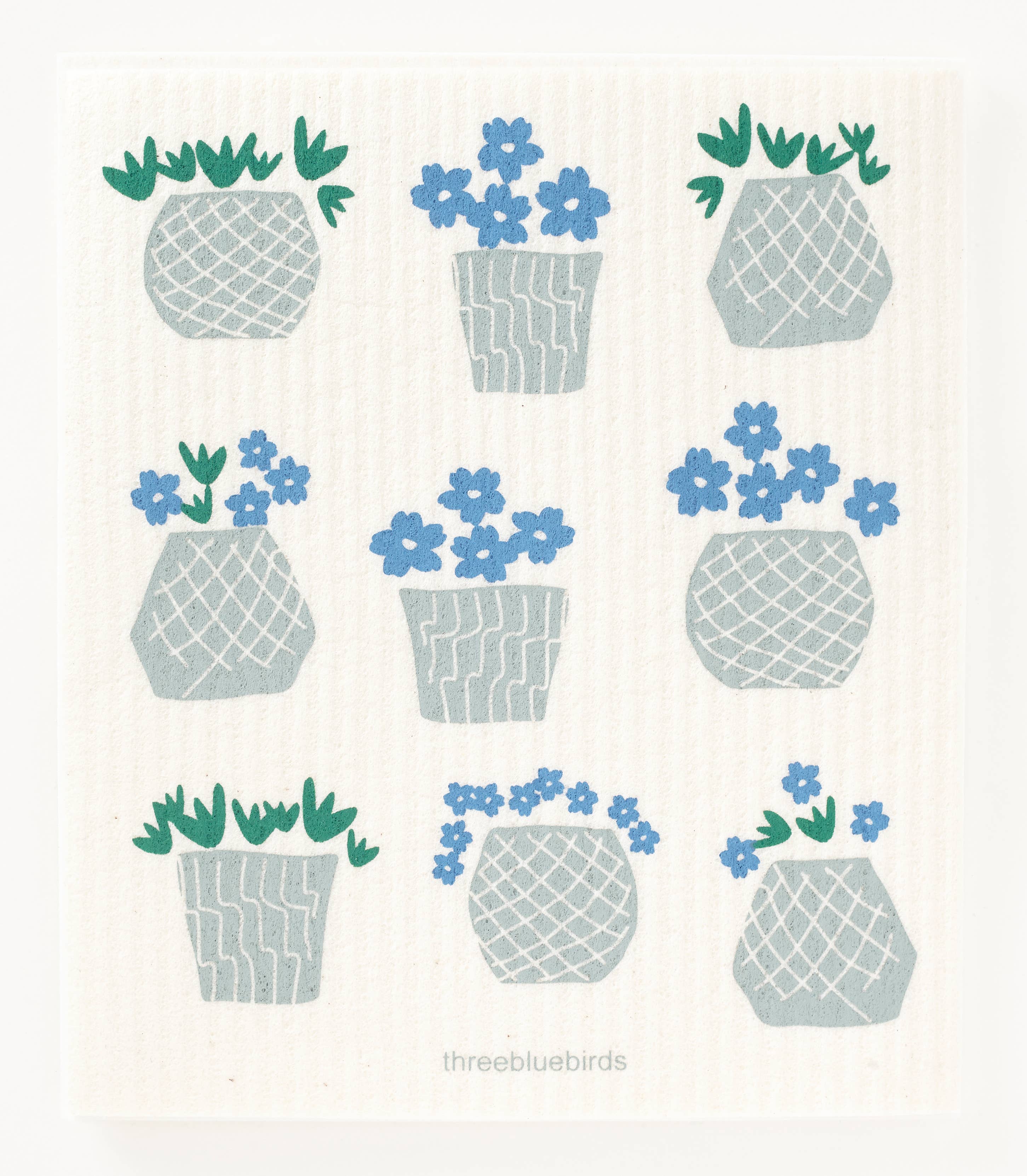 Three Bluebirds Swedish Dishcloth - Flower Pots
