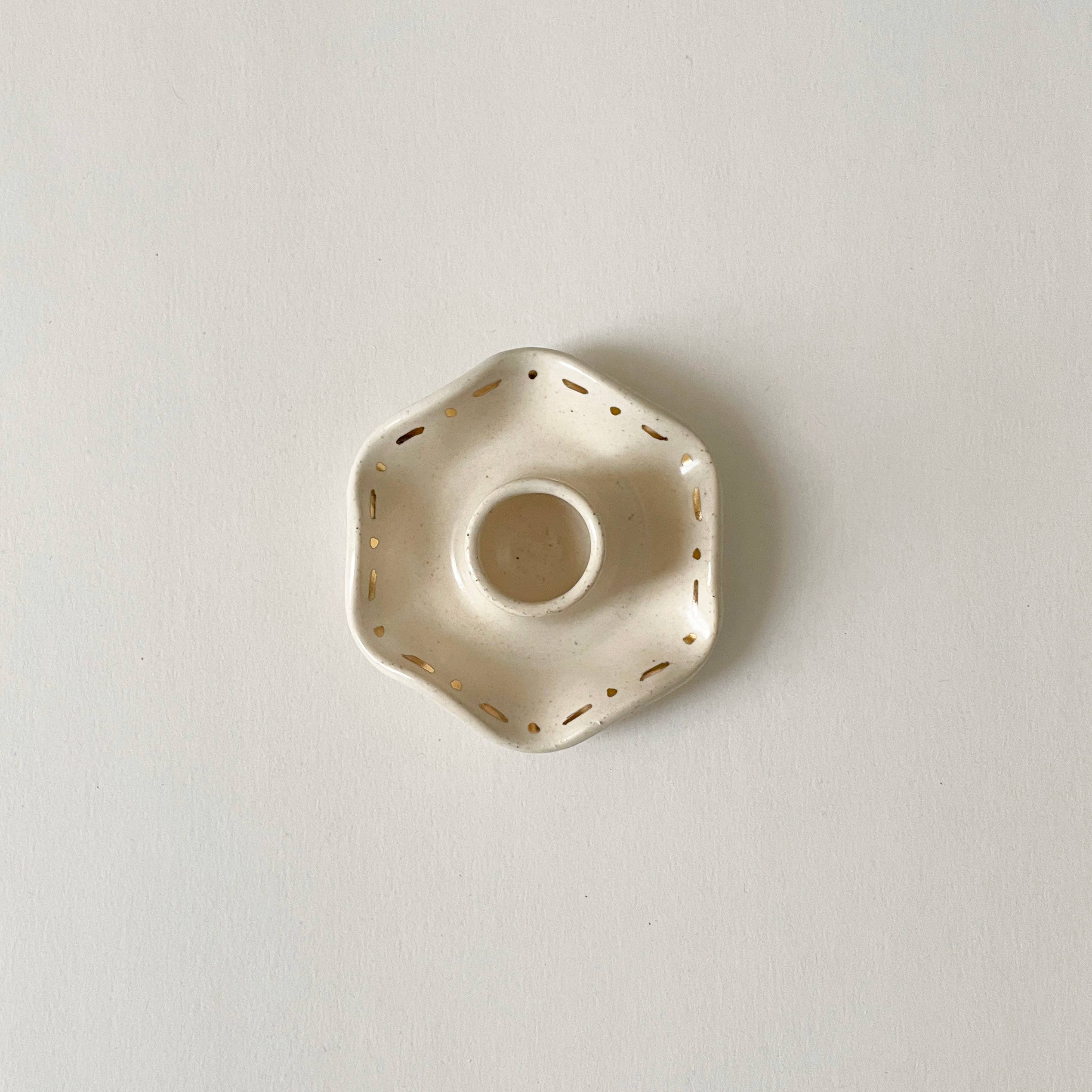 Sunday Studio - Handmade Ceramic Ruffle Taper Candle Holder - Gold Dot Dash