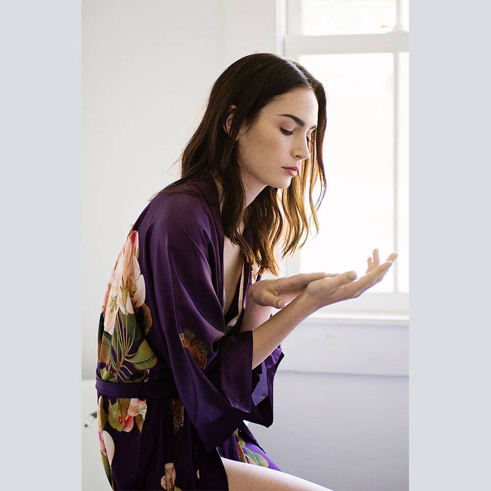 KIM+ONO - Peony & Butterfly Short Kimono Robe: Plum / One size