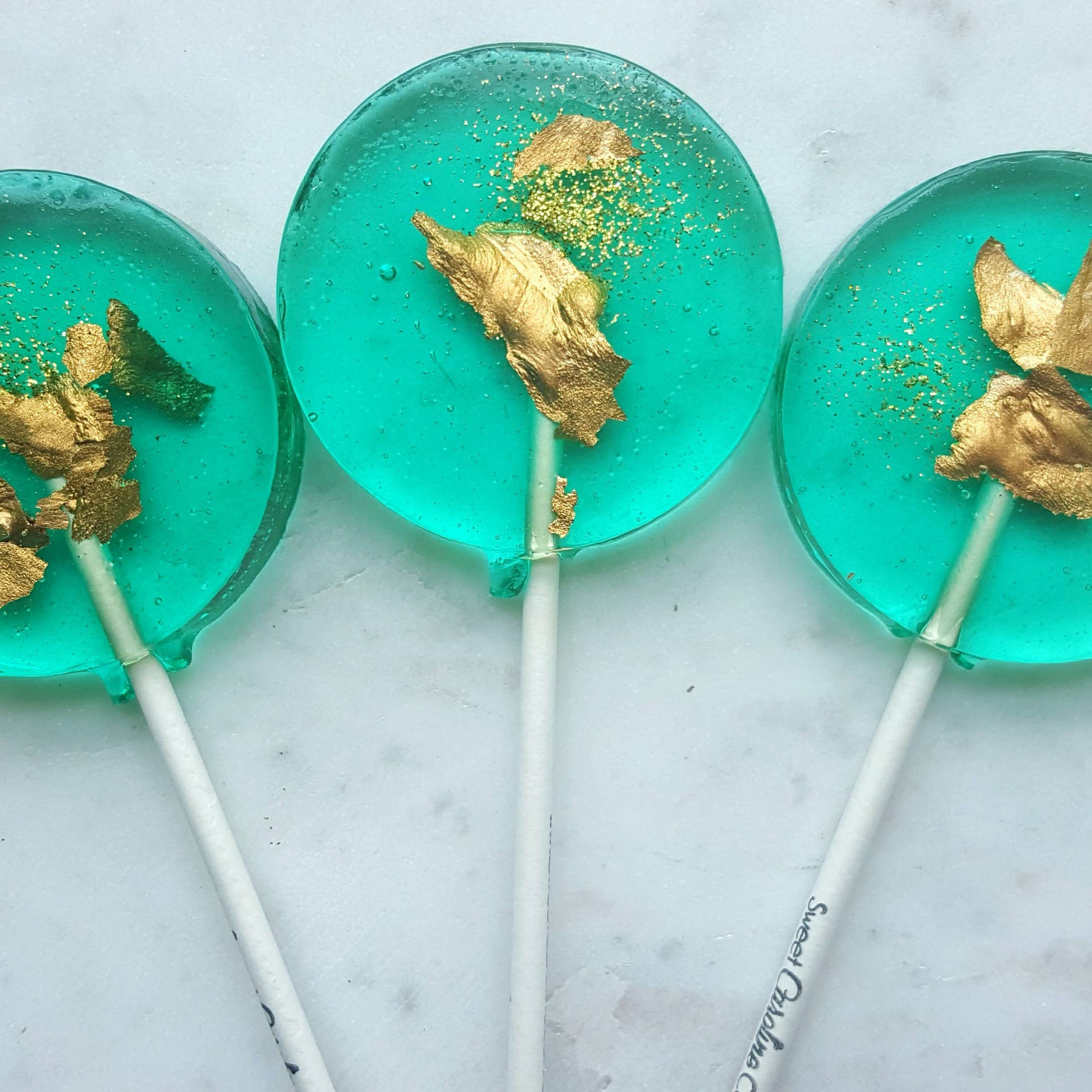 Sweet Caroline Confections - Teal and Gold Sparkle Lollipops, Green Apple